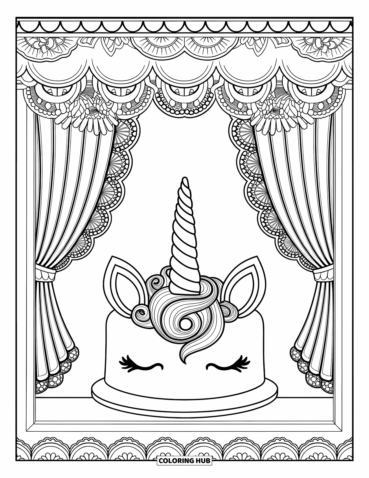 Unicorn Cake Coloring Page for Adults: Patisserie window with unicorn cake, lace curtain, and intricate vintage decorations