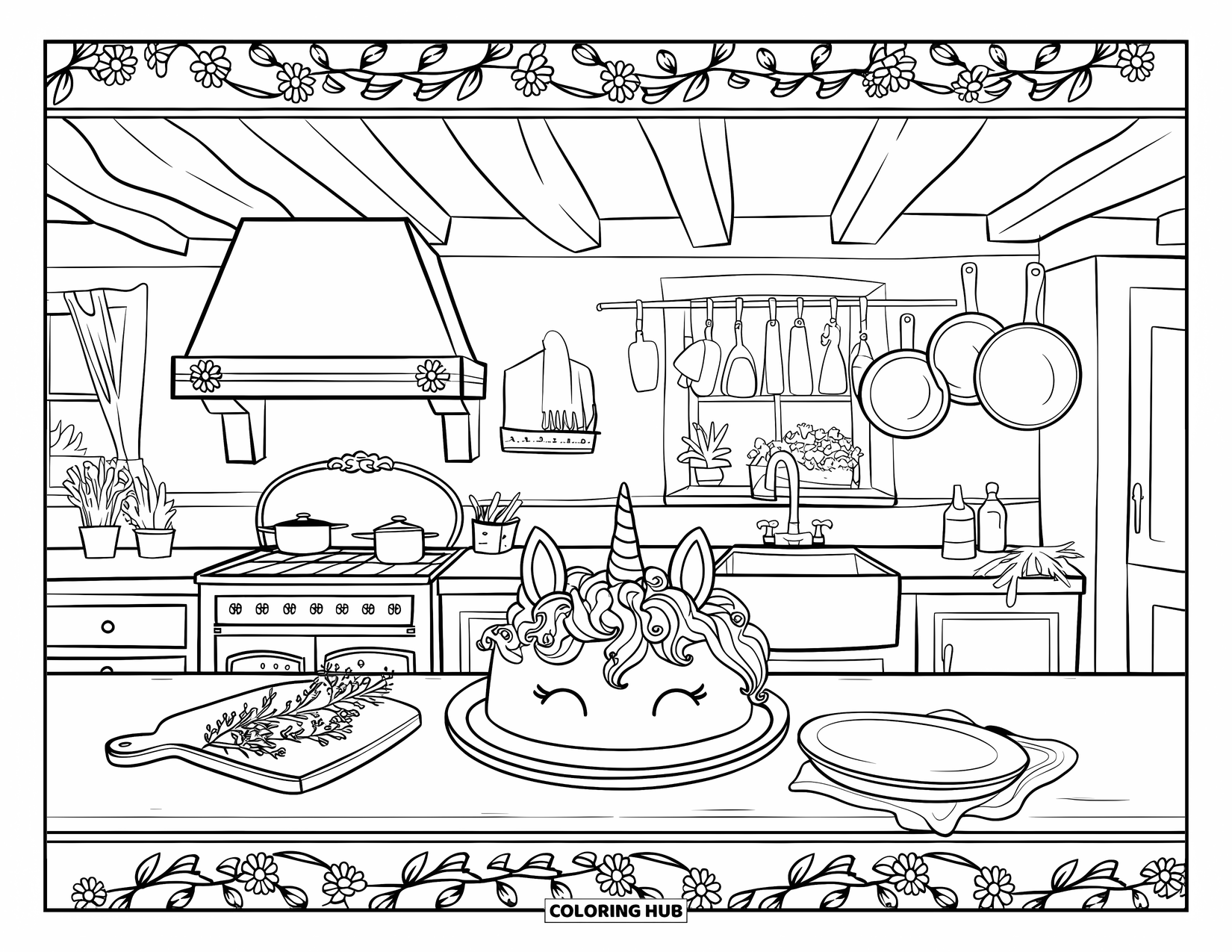 Unicorn Cake Coloring Page for Adults: Peaceful cottage kitchen with rustic details and a unicorn cake cooling on the counter