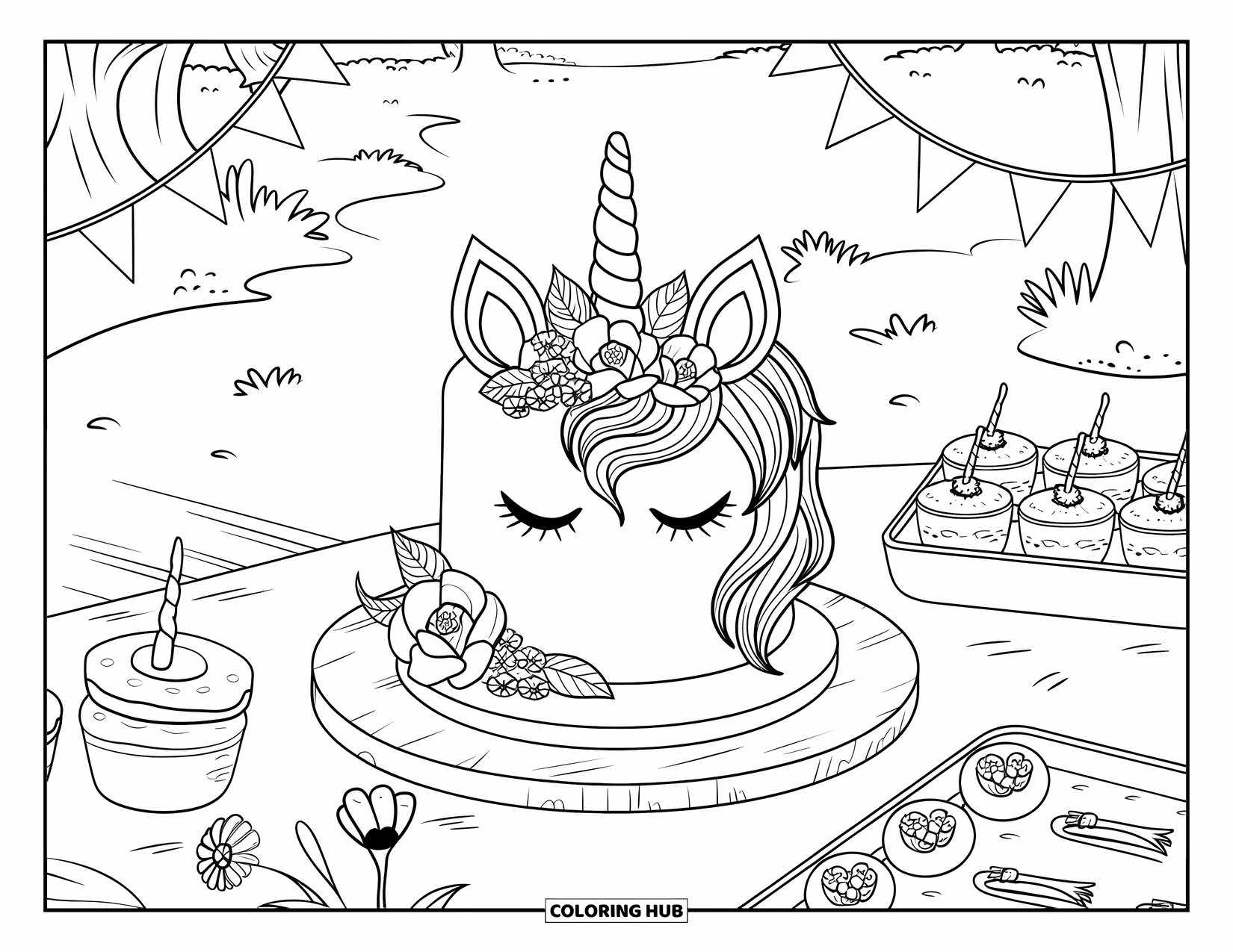 Unicorn Cake Coloring Page for Adults: Romantic unicorn cake picnic with flowers, treats, and sweet bunting in a peaceful park