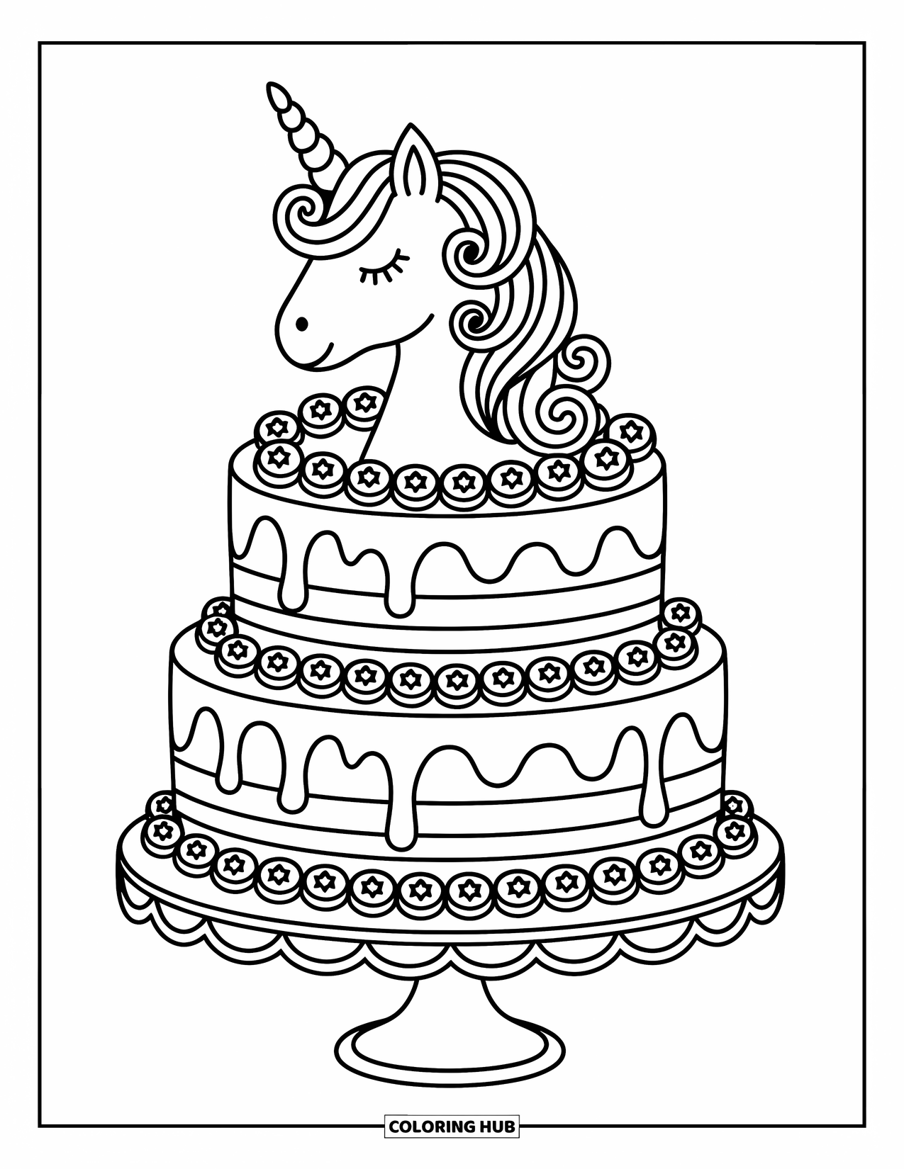 Unicorn Cake Coloring Page for Adults: Rosette-covered unicorn cake with sprinkles and a horn sits atop a dainty cake stand