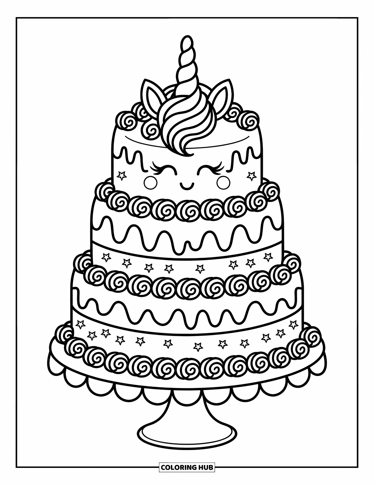Unicorn Cake Coloring Page for Adults: Tiered unicorn cake with dripping icing, stars, and rosettes on a scalloped stand