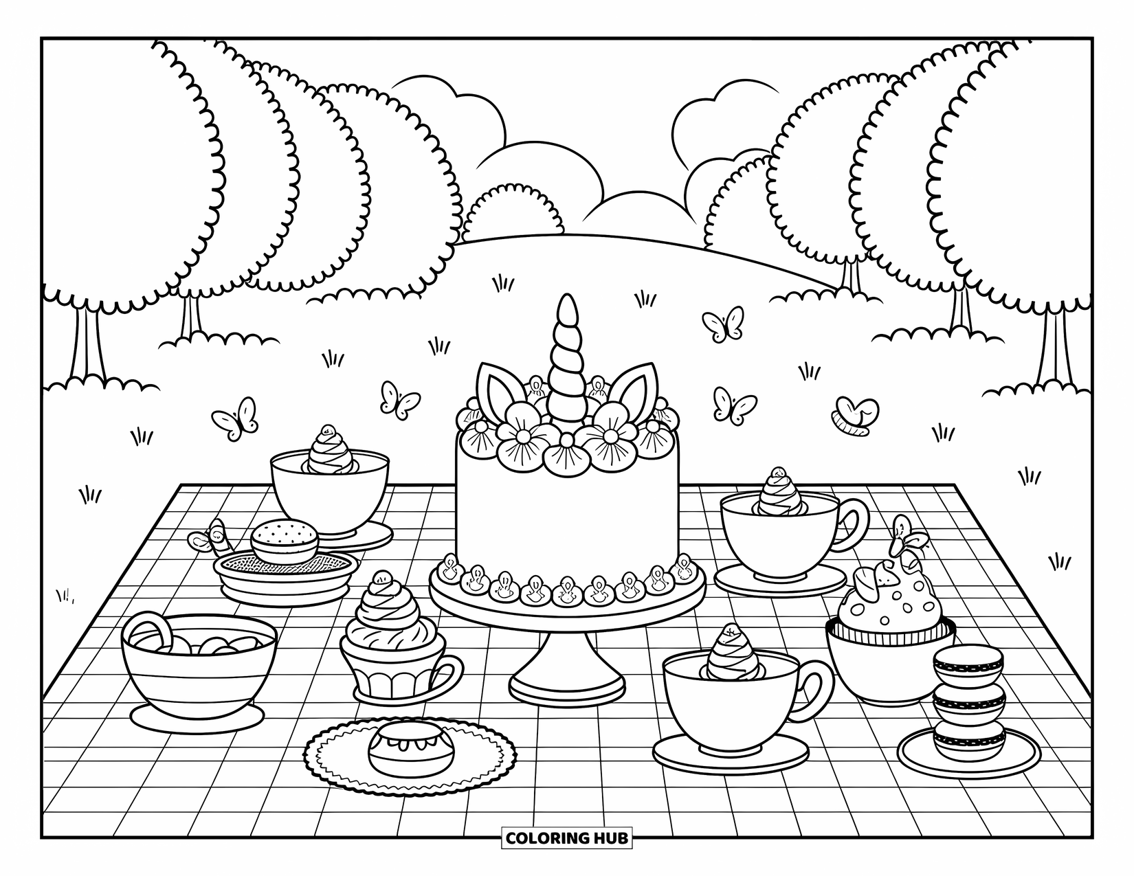 Unicorn Cake Coloring Page for Adults: Unicorn cake and treats on a blanket under soft trees with fluttering butterflies