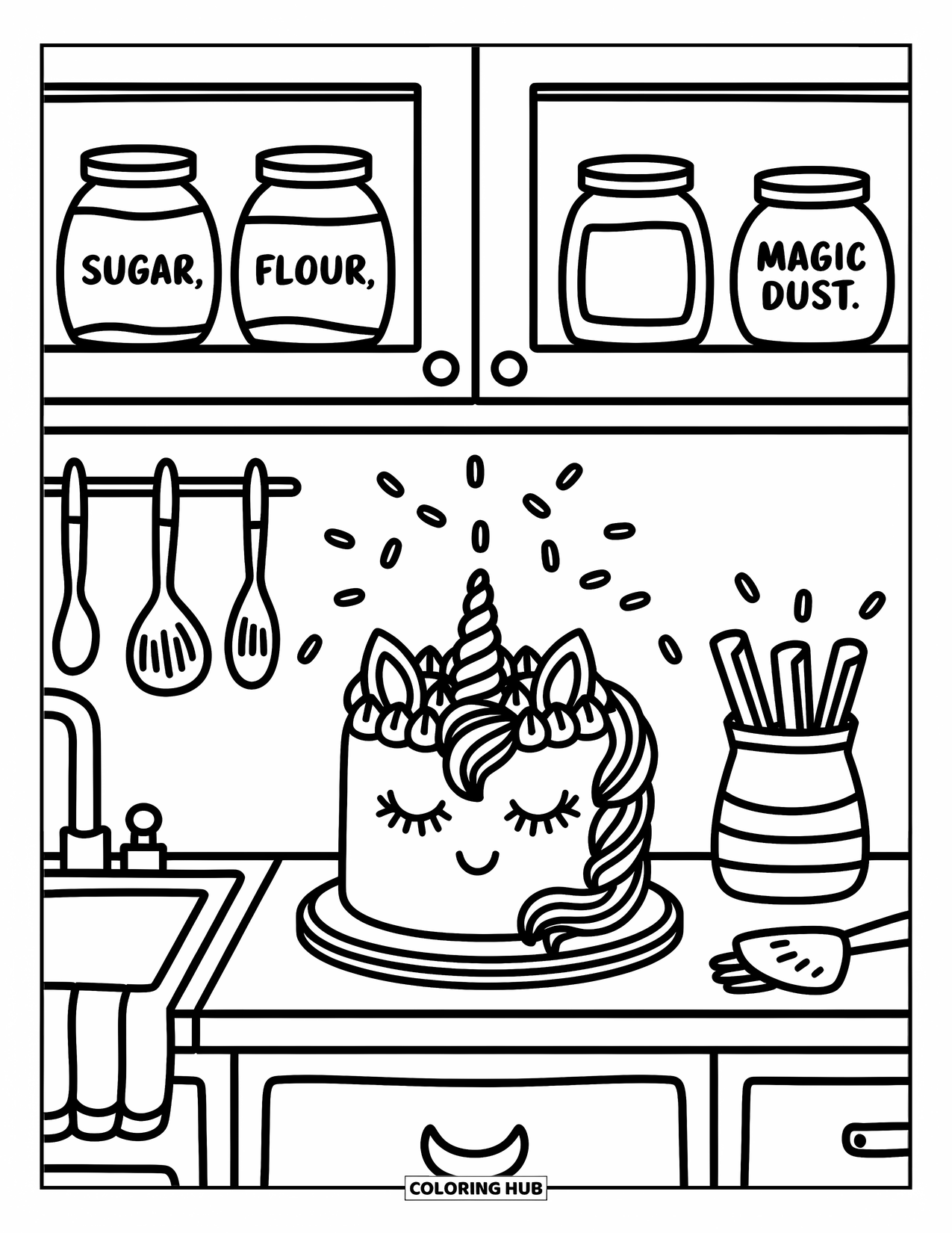 Unicorn Cake Coloring Page for Adults: Unicorn cake in progress beside jars labeled ìmagic dustî in a whimsical kitchen