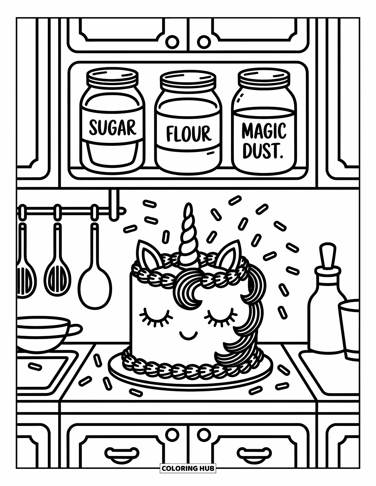 Unicorn Cake Coloring Page for Adults: Unicorn cake mid-assembly in a cozy kitchen with floating sprinkles and labeled jars