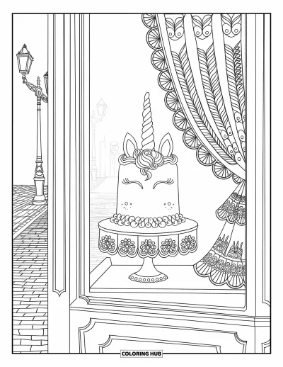 Coloriage de gâteau licorne pour adultes : Un gâteau licorne dans la vitrine d'une pâtisserie ornée de dentelle et de pavés pittoresques