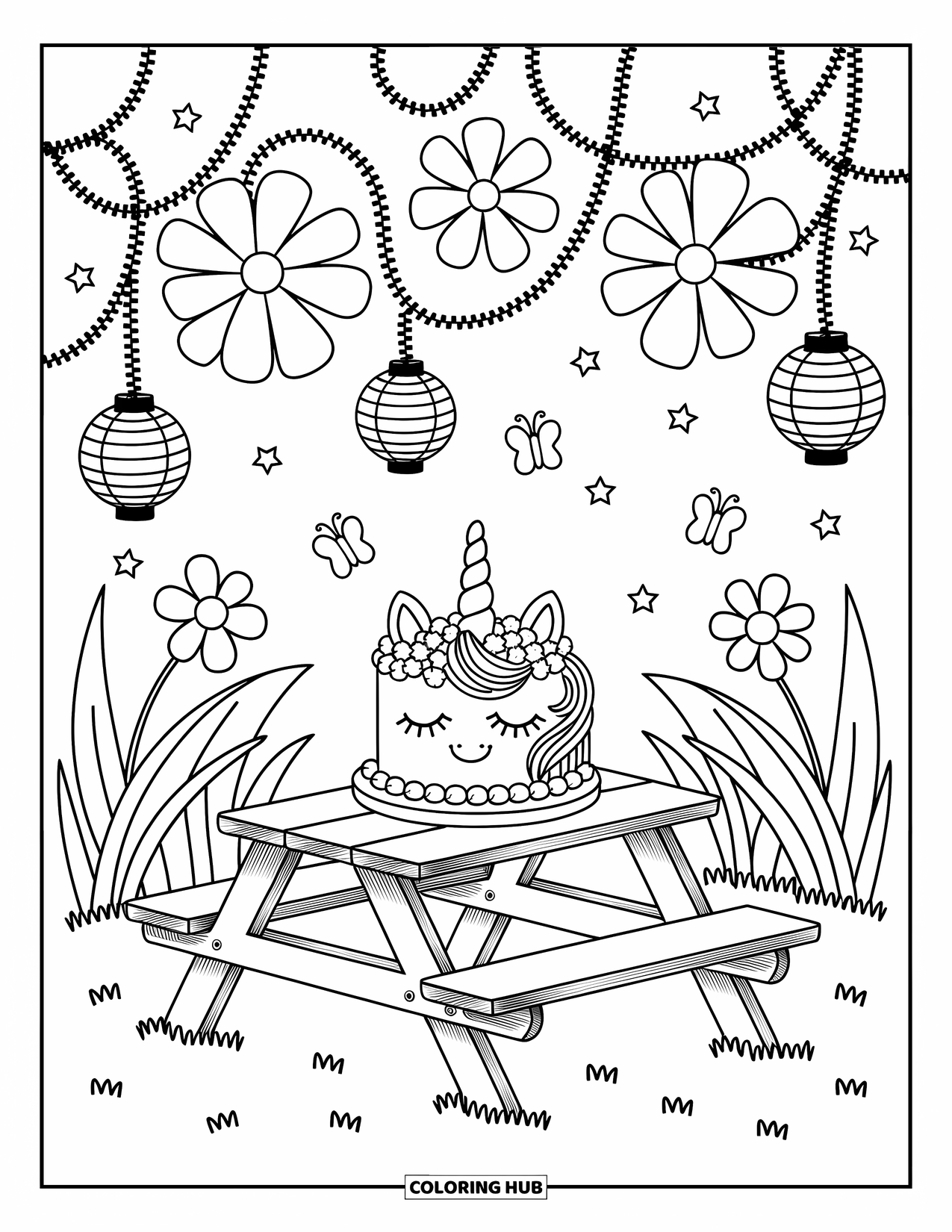 Unicorn Cake Coloring Page for Adults: Unicorn cake sits under giant flowers in a magical garden with glowing lanterns