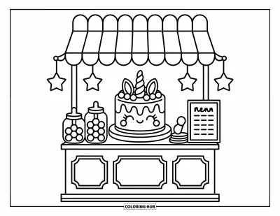 Coloriage de gâteau licorne pour adultes : Un gâteau licorne trône au centre d'un joli stand de fête avec des étoiles et des bocaux à bonbons