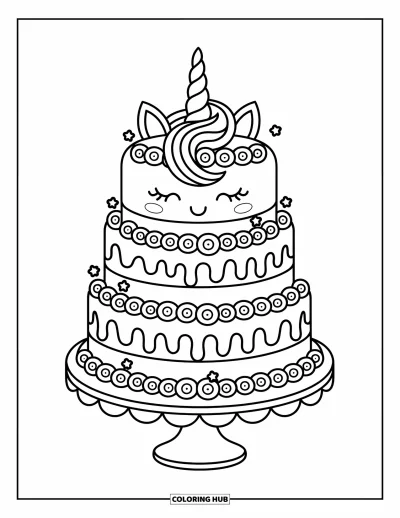 Coloriage de gâteau licorne pour adultes : Un gâteau licorne surmonté de tourbillons, d'étoiles et d'une corne sur une base festonnée