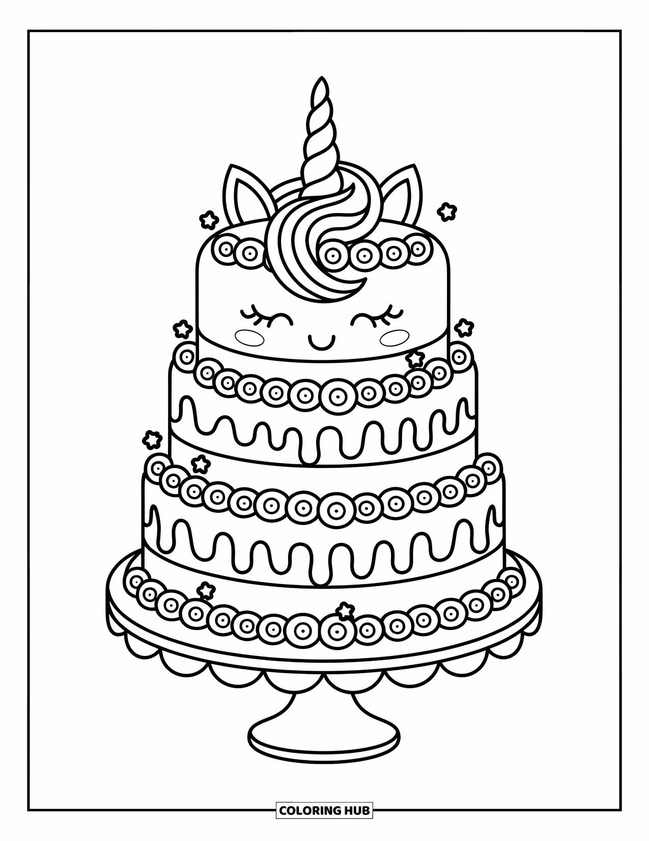Unicorn Cake Coloring Page for Adults: Unicorn cake topped with swirls, stars, and a horn on a scalloped base