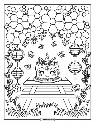 Coloriage de gâteau licorne pour adultes : Un gâteau licorne sous un dais fleuri dans un jardin enchanté avec des lanternes et des papillons