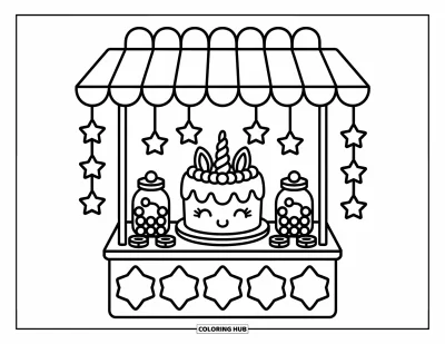 Coloriage de gâteau licorne pour adultes : Un stand de fête féerique avec un gâteau licorne et des friandises sous des auvents festonnés et des étoiles