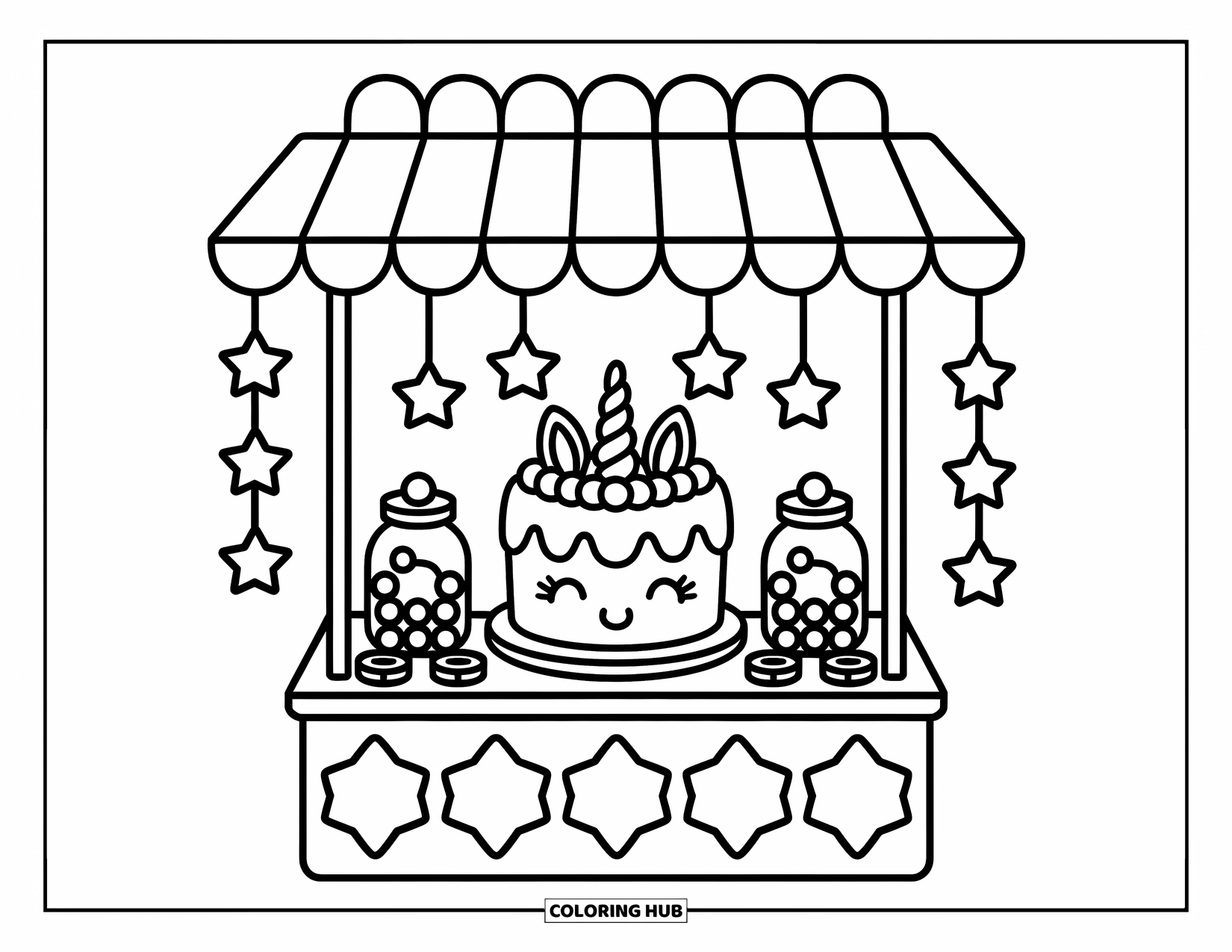 Unicorn Cake Coloring Page for Adults: Whimsical fair stall with unicorn cake and treats under scalloped awnings and stars