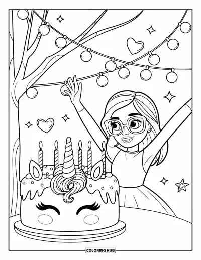 Coloriage de gâteau licorne pour enfants : Une petite fille à lunettes fête son anniversaire avec un gâteau licorne et de jolis guirlandes lumineuses