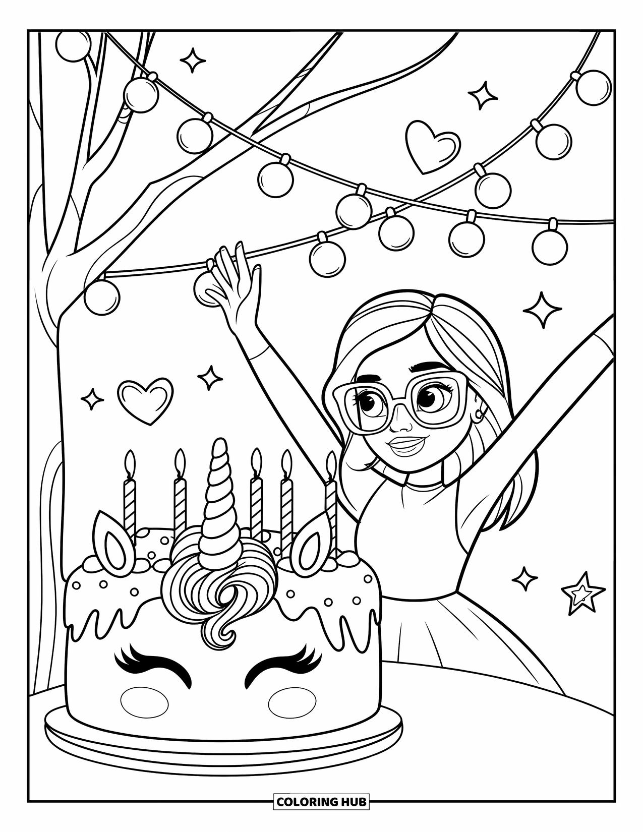 Unicorn Cake Coloring Page for Kids: A birthday girl with glasses celebrates with a unicorn cake and sparkly string lights