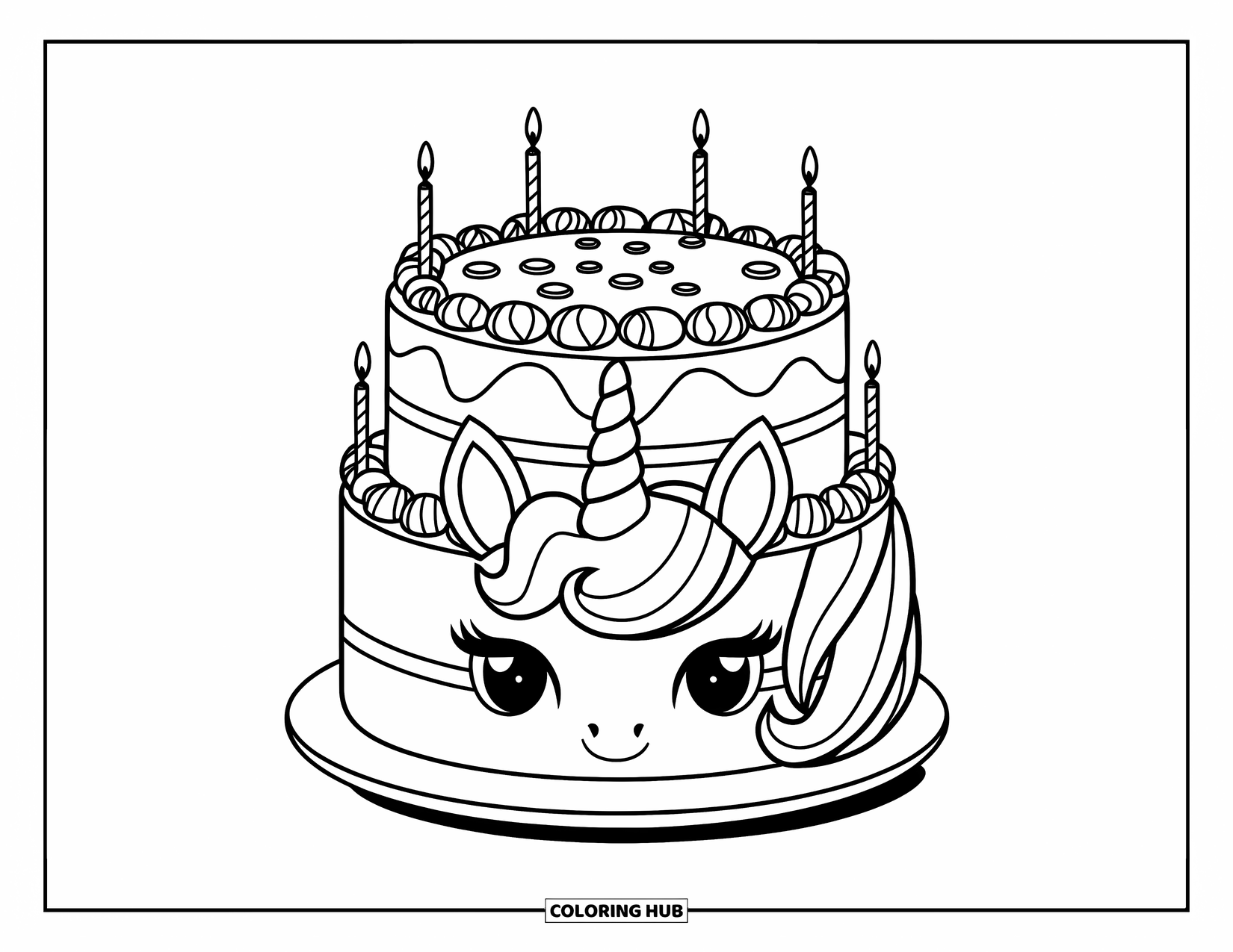 Unicorn Cake Coloring Page for Kids: A double-layer unicorn cake with candy crown and candles sits ready to celebrate