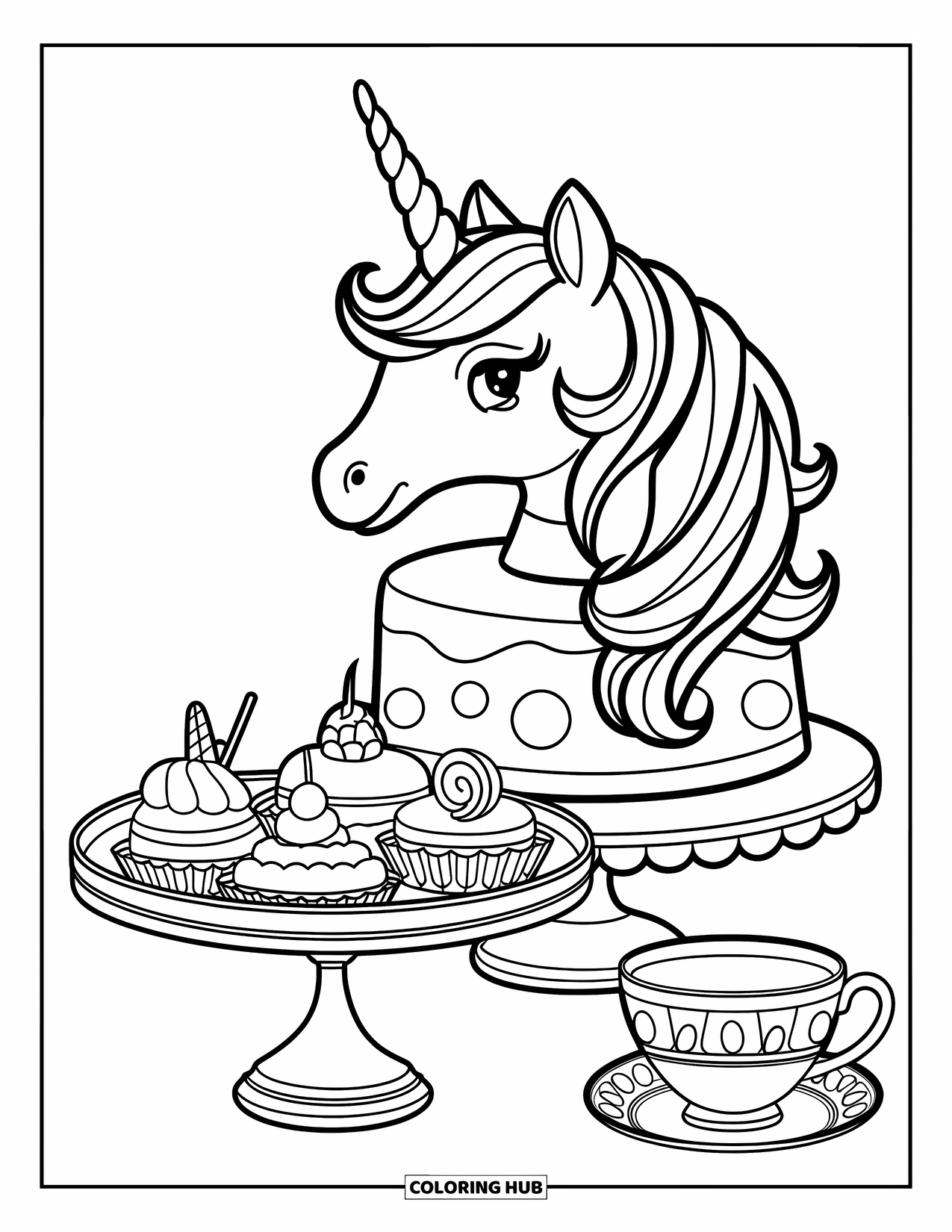 Unicorn Cake Coloring Page for Kids: A unicorn cake and dessert tray with a teacup on a clean white background