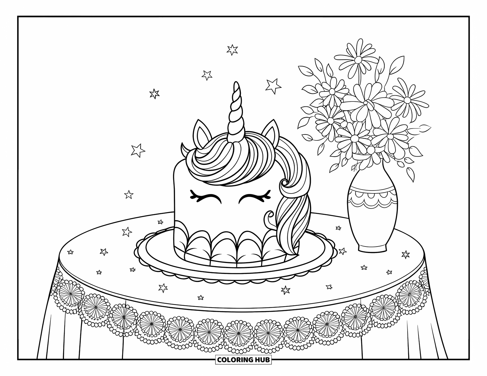 Unicorn Cake Coloring Page for Kids: A unicorn cake with flowers sits on a doily table beside a lovely bouquet