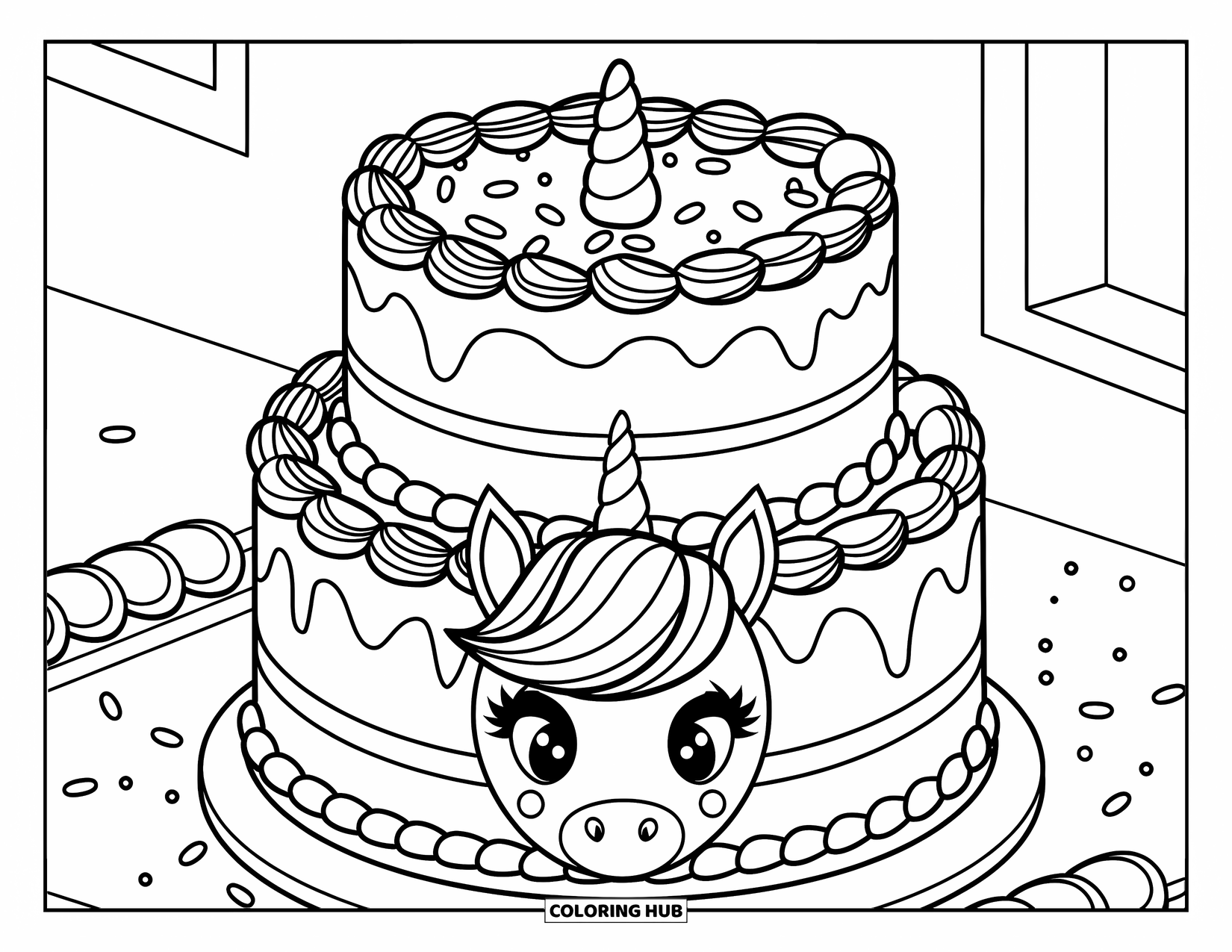 Unicorn Cake Coloring Page for Kids: Candy-studded unicorn cake with sprinkles and a happy face on a clean plate
