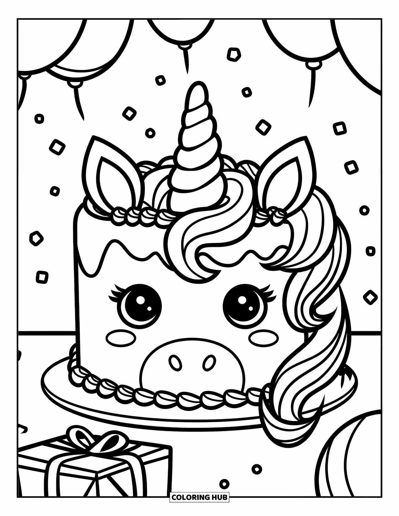 Unicorn Cake Coloring Page for Kids: Charming unicorn cake with horn, frosting ears, and a tiny present beneath