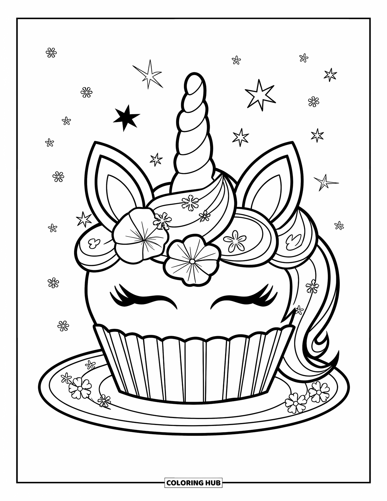 Unicorn Cake Coloring Page for Kids: Cute unicorn cupcake with flowers and stars sits on a plate with blooms around it