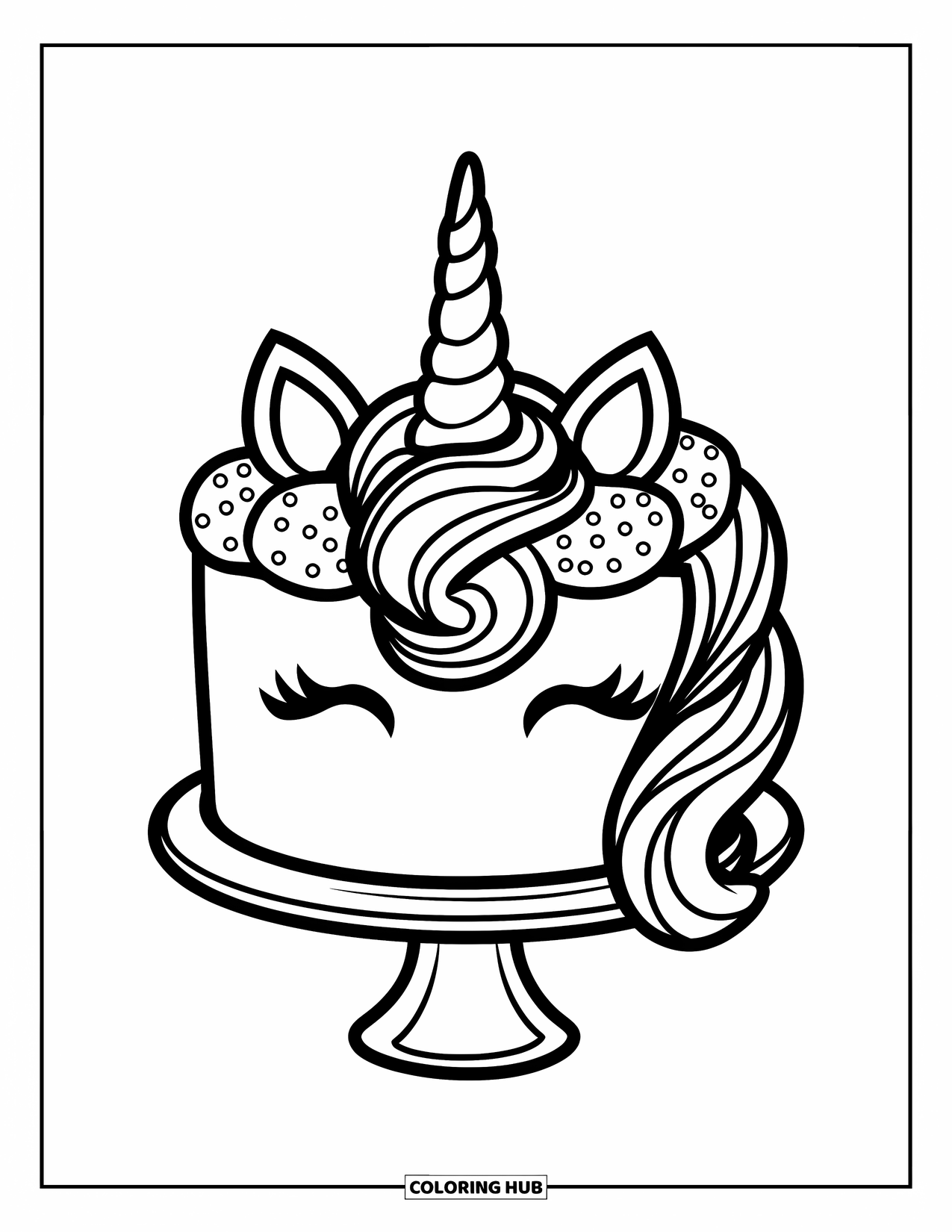 Unicorn Cake Coloring Page for Kids: Large-horned unicorn cake with frosting ears and rainbow sprinkles on a stand