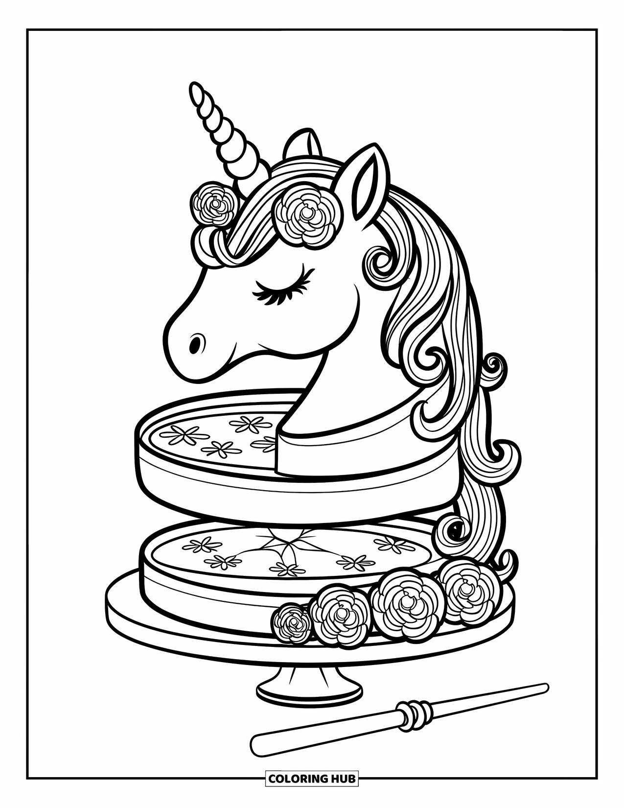Unicorn Cake Coloring Page for Kids: Magical layered unicorn cake with floral designs and a wand beside it