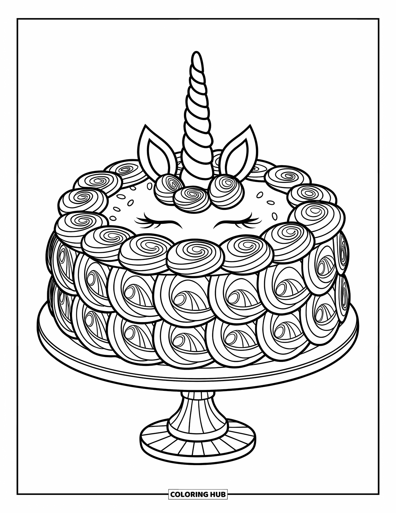 Unicorn Cake Coloring Page for Kids: Rosette-covered unicorn cake with spiral horn and sprinkles on a wooden stand