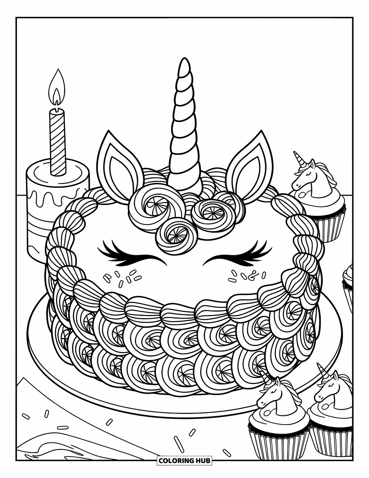 Unicorn Cake Coloring Page for Kids: Rosette unicorn cake with cupcakes and a unicorn candle, all ready for a party