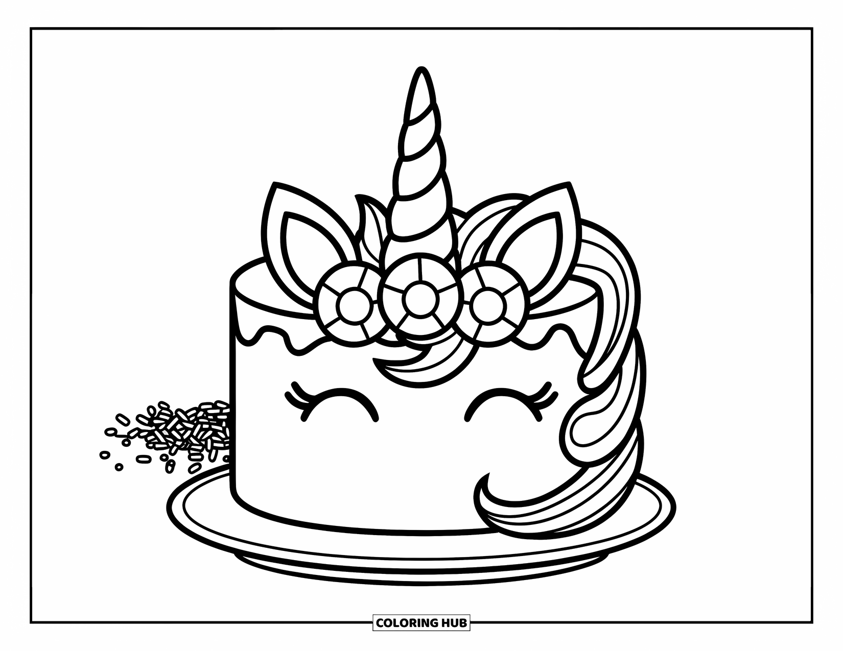 Unicorn Cake Coloring Page for Kids: Single-layer unicorn cake with flowers, horn, and rainbow sprinkles on a plate