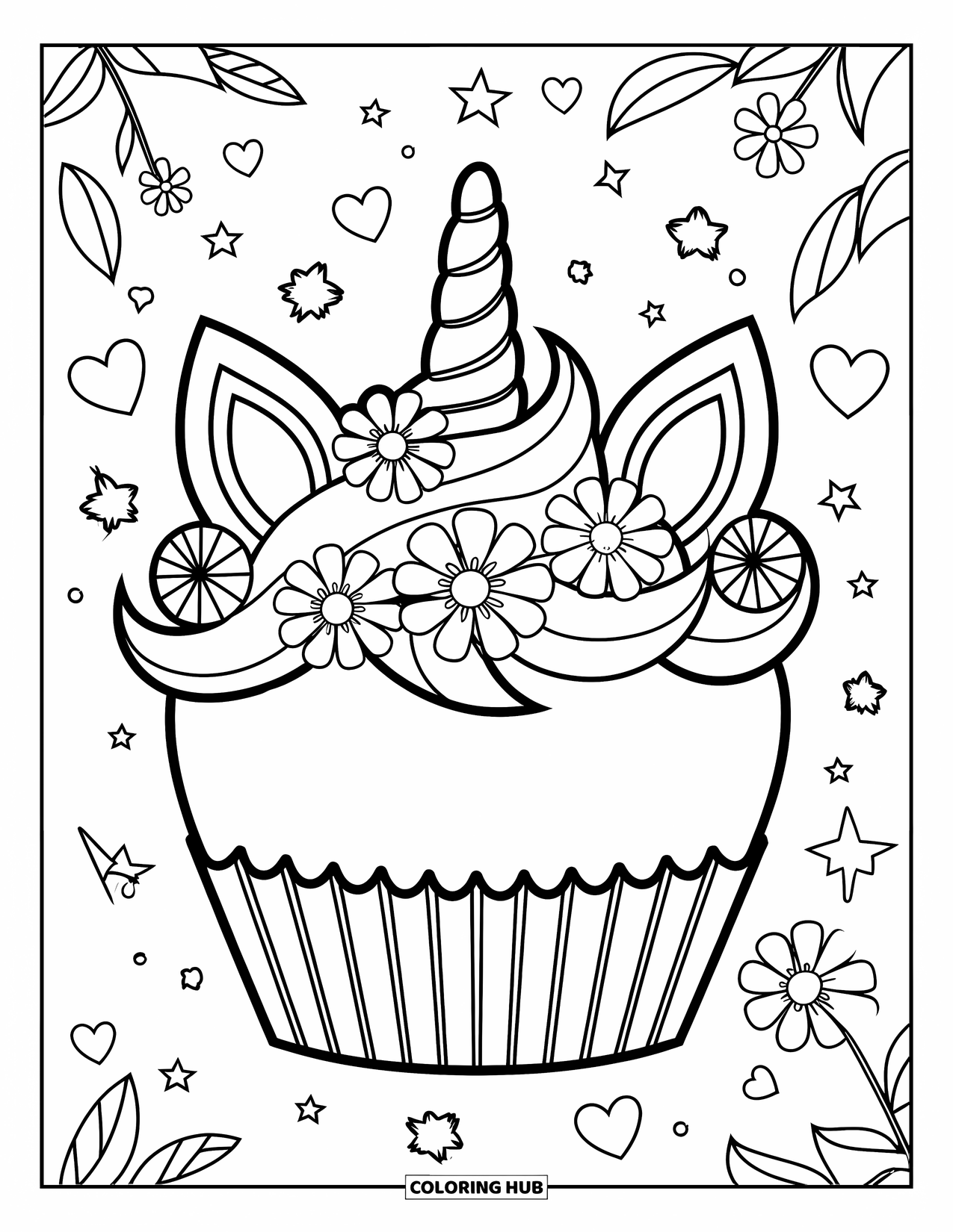 Unicorn Cake Coloring Page for Kids: Smiling unicorn cupcake with sparkles and a wand surrounded by hearts and stars