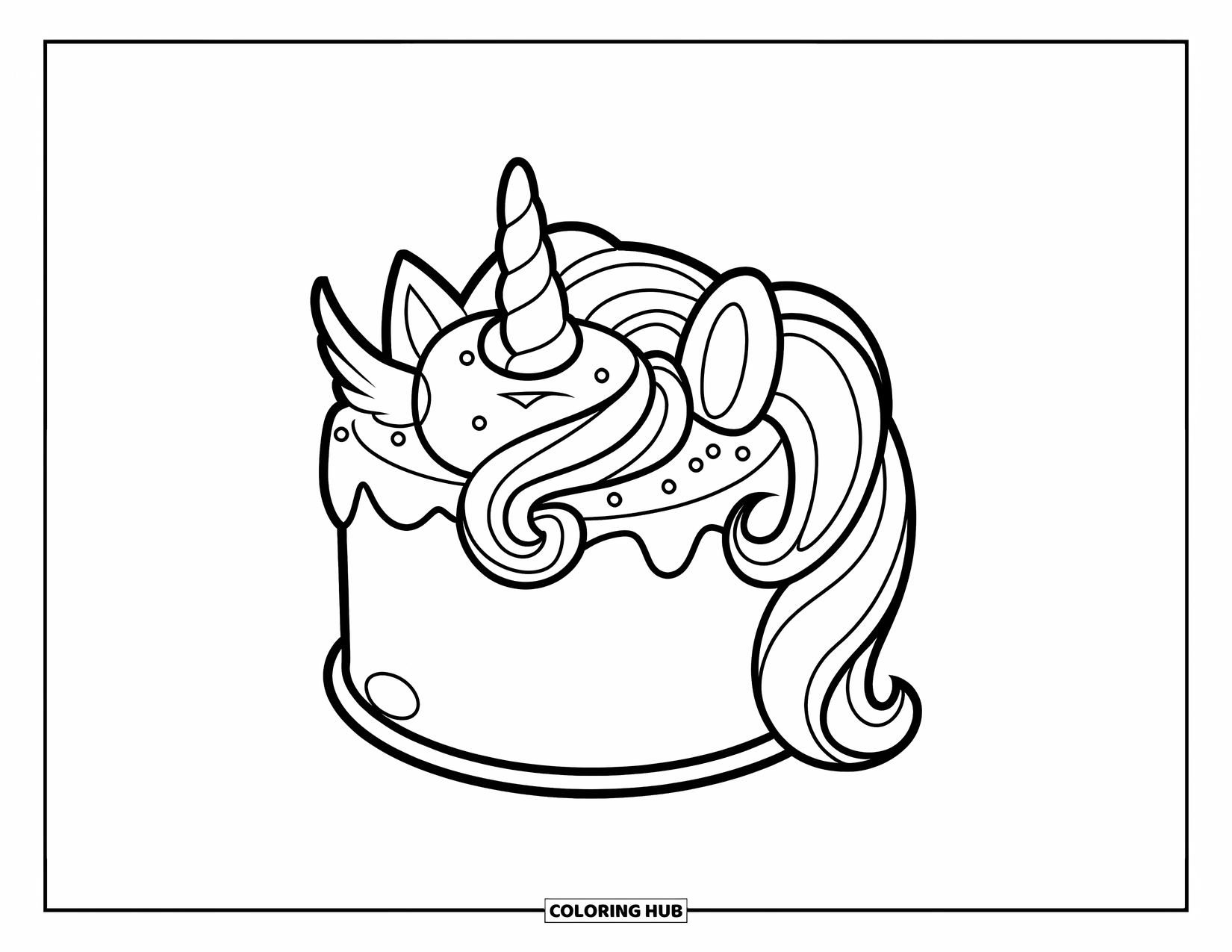 Unicorn Cake Coloring Page for Kids: Swirly icing and a wing top this cheerful unicorn face cake