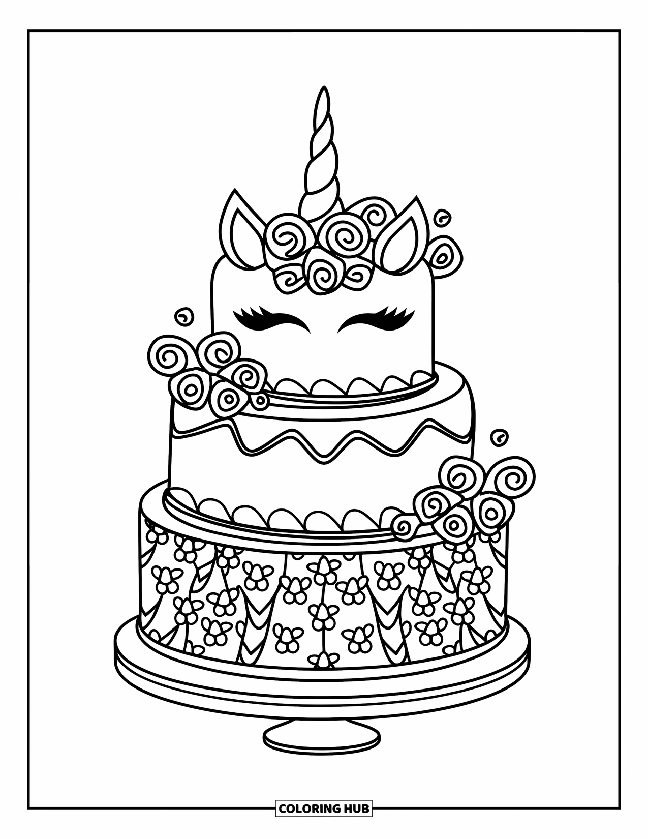 Unicorn Cake Coloring Page for Kids: Tiered unicorn cake with floral curls and mixed patterns rests neatly on a stand