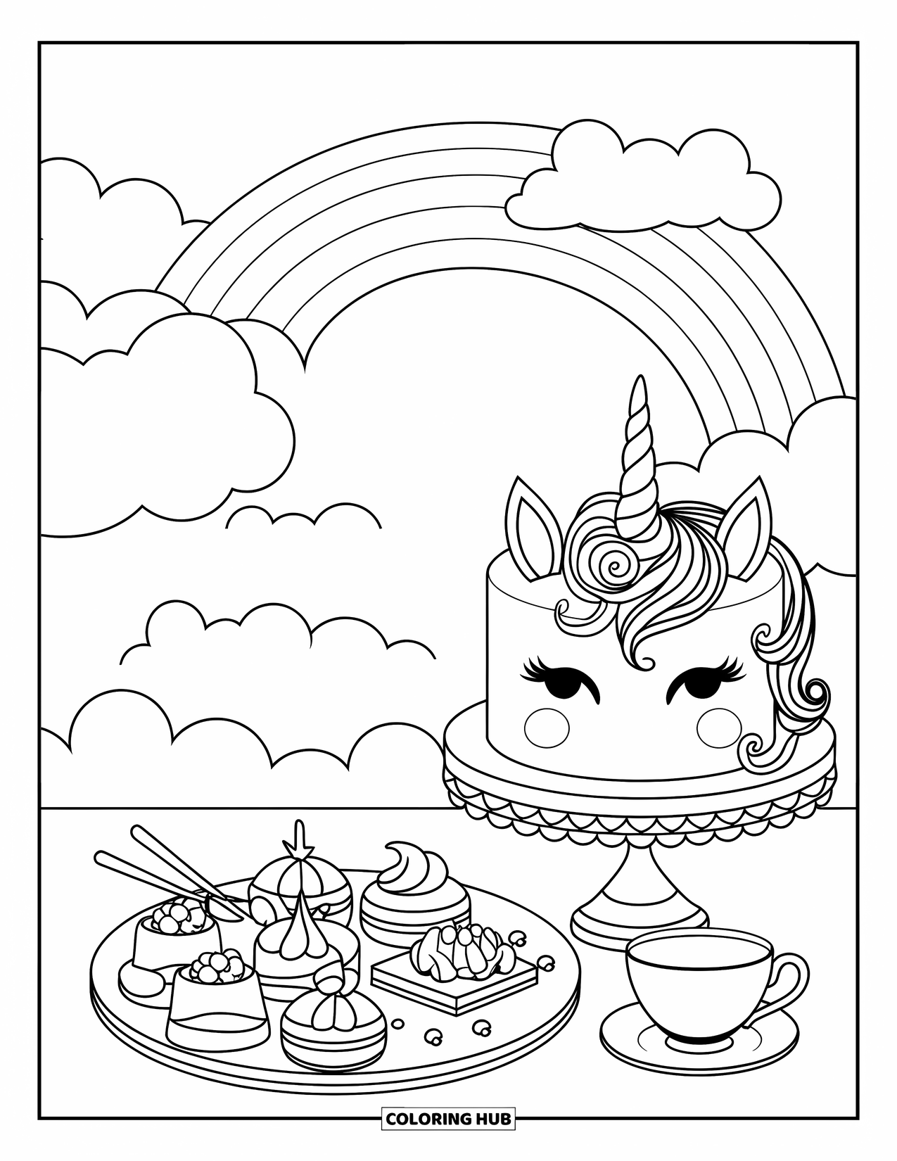 Unicorn Cake Coloring Page for Kids: Unicorn cake and desserts float in a dreamy sky with a rainbow above
