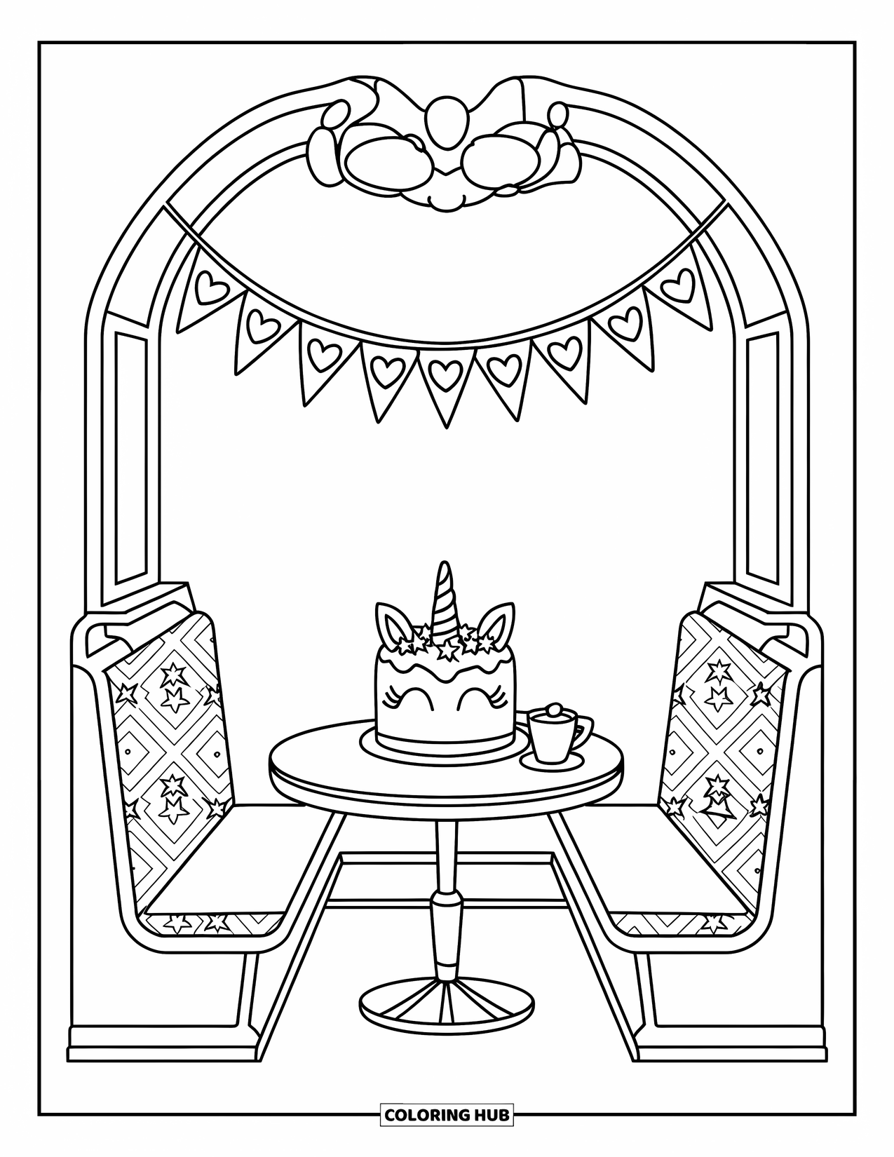 Unicorn Cake Coloring Page for Kids: Unicorn cake on a cozy café table with cute bunting and a warm booth