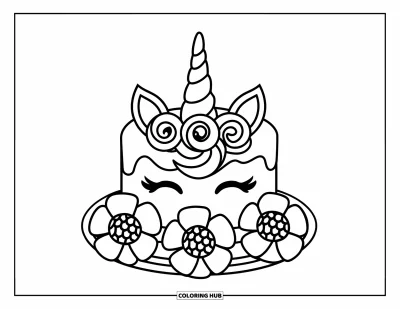 Coloriage de gâteau licorne pour enfants : Un gâteau licorne orné d'une corne et de fleurs, prêt à être décoré avec plaisir