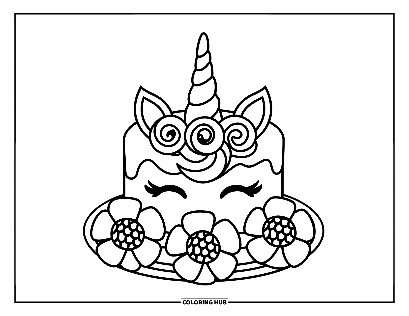 Unicorn Cake Coloring Page for Kids: Unicorn cake topped with horn and flowers, sweet and ready to decorate
