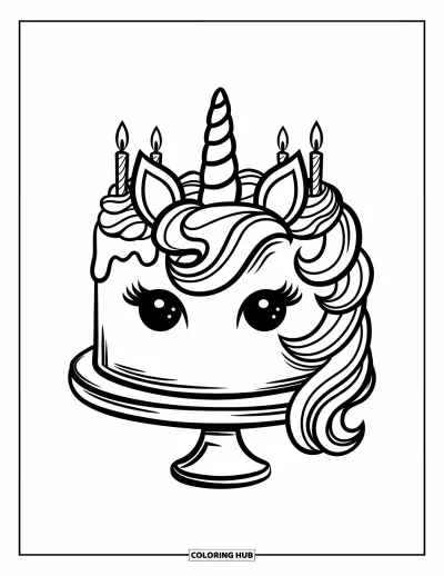 Coloriage de gâteau licorne pour enfants : Un gâteau licorne avec une grande corne et des oreilles en glaçage tourbillonnant posé sur un présentoir