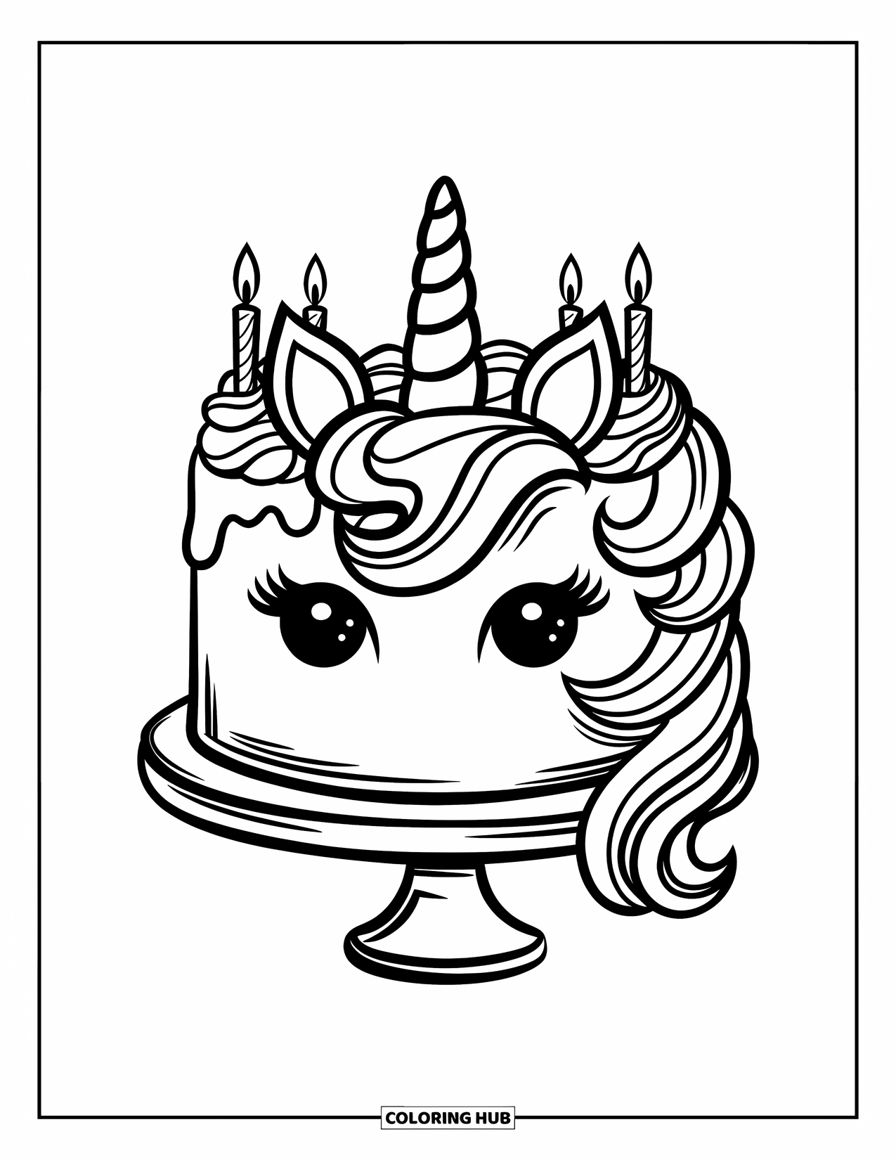 Unicorn Cake Coloring Page for Kids: Unicorn cake with a big horn and frosting swirl ears sits on a stand