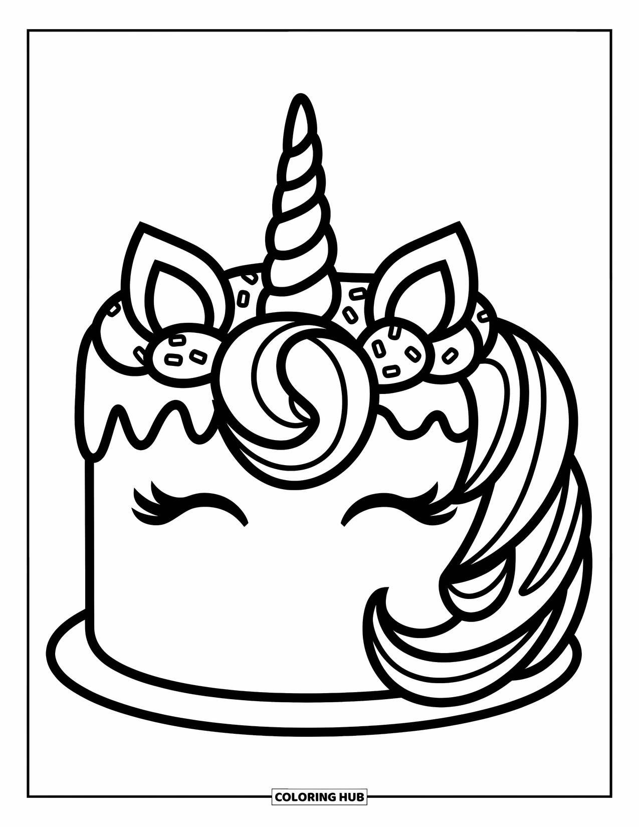 Unicorn Cake Coloring Page for Kids: Unicorn cake with frosting ears and sprinkles is perfect for a magical treat