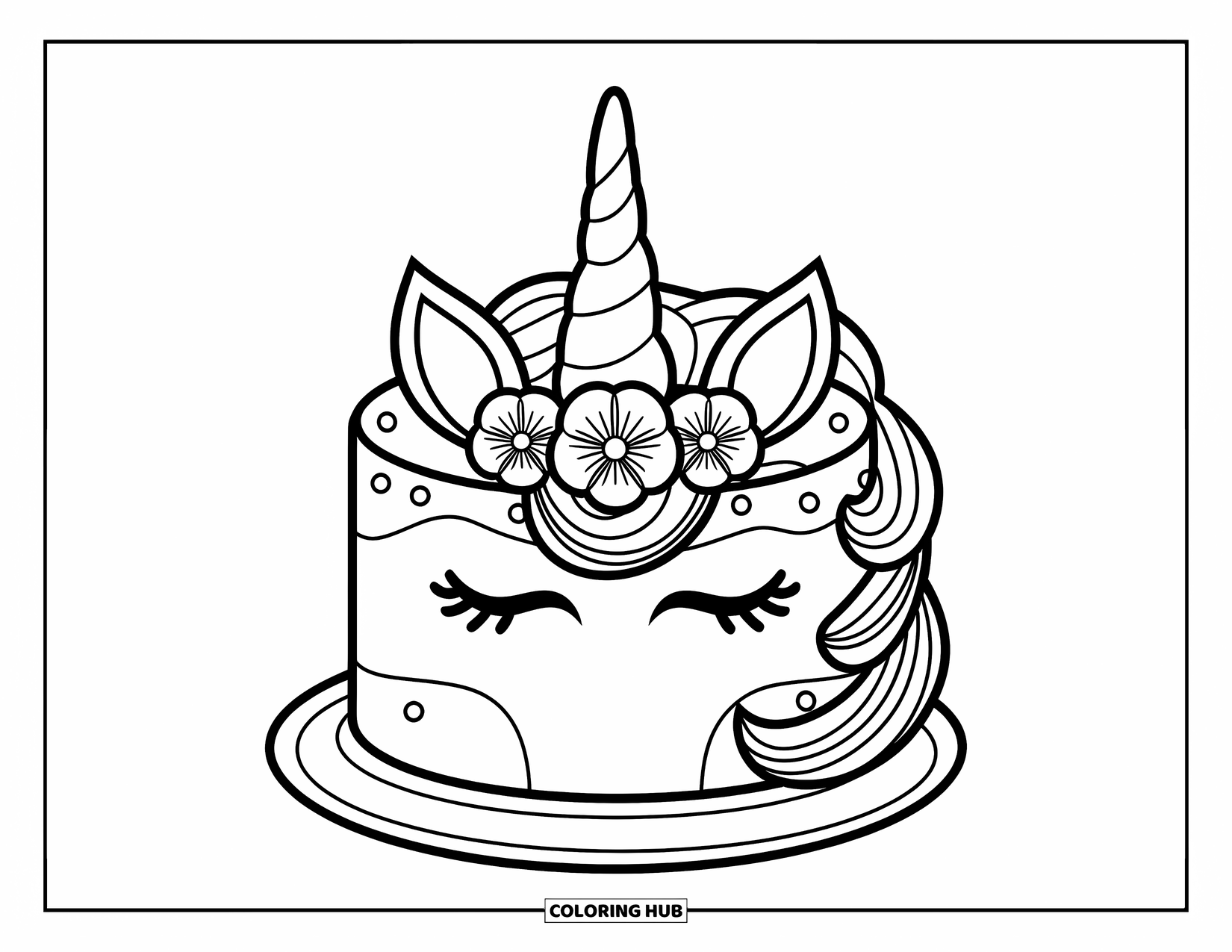 Unicorn Cake Coloring Page for Kids: Unicorn cake with horn, ears, and three giant flowers rests on a plate