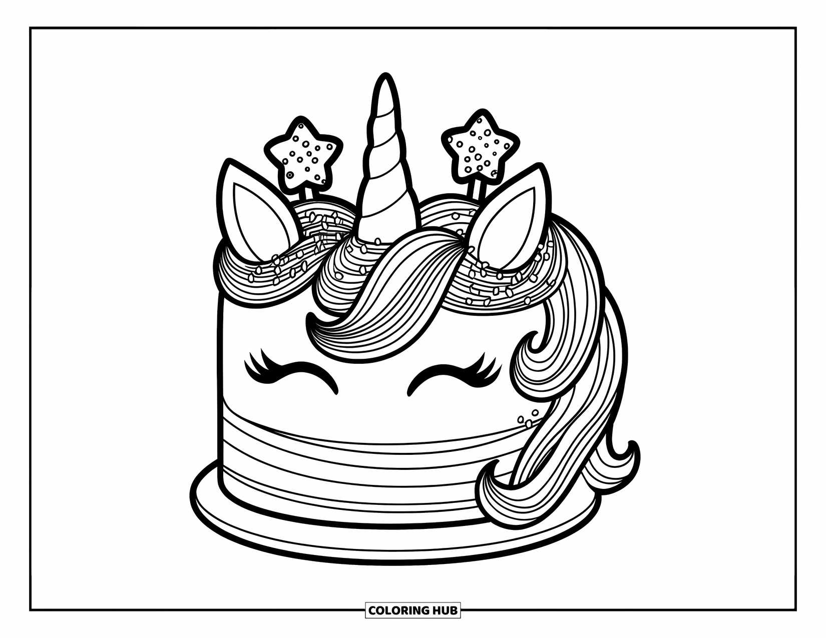 Unicorn Cake Coloring Page for Kids: Unicorn cake with rainbow layers and candy stars ready to be decorated