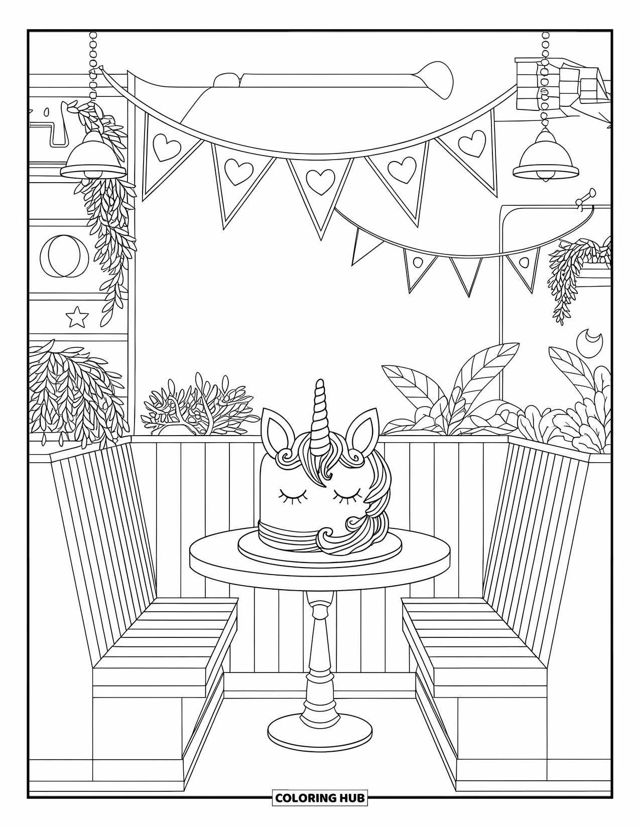 Unicorn Cake Coloring Page for Kids: Unicorn cake with sparkles and bunting in a warm, vintage-style café