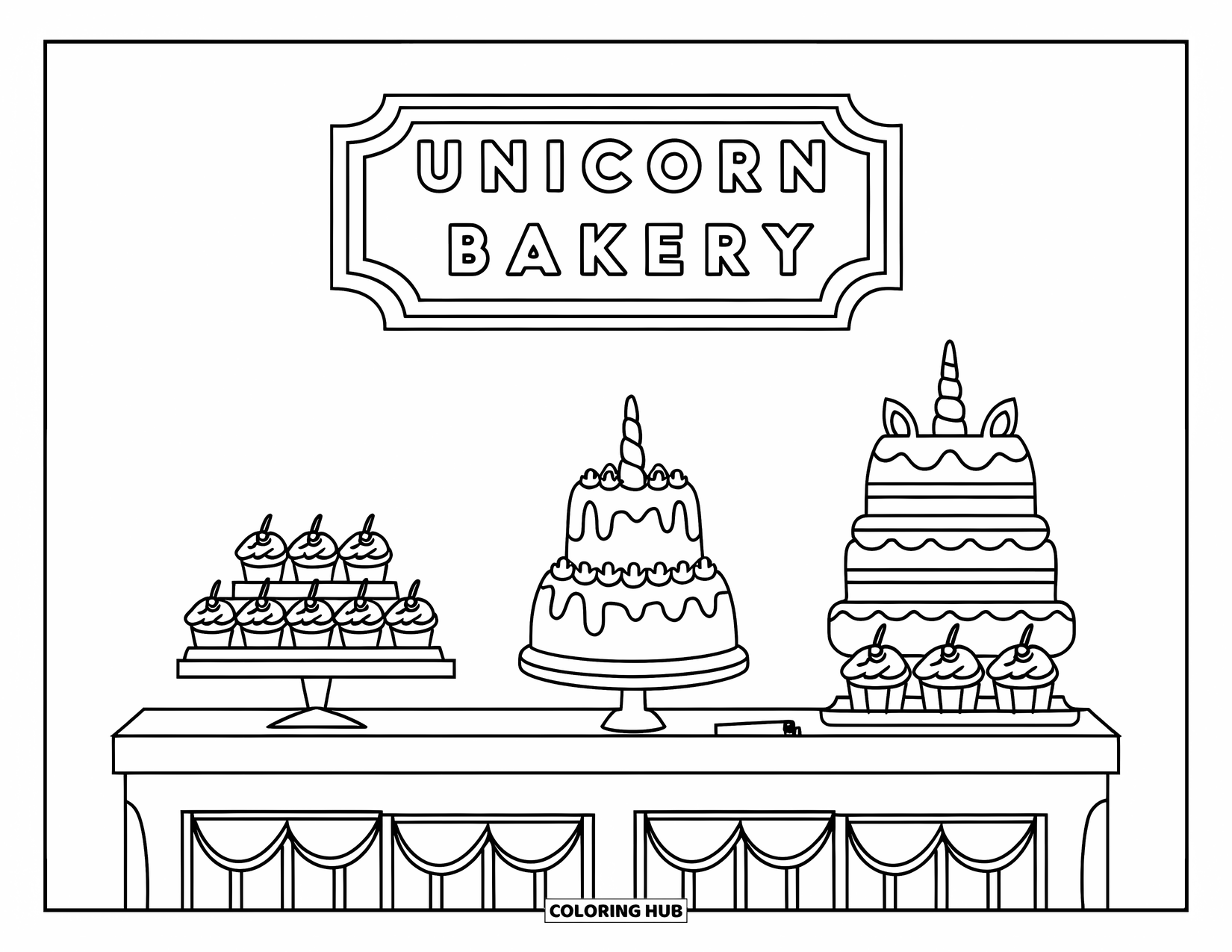 Unicorn Cake Coloring Page for Kids: Unicorn cakes and cupcakes fill a bakery counter under a sweet chalkboard menu