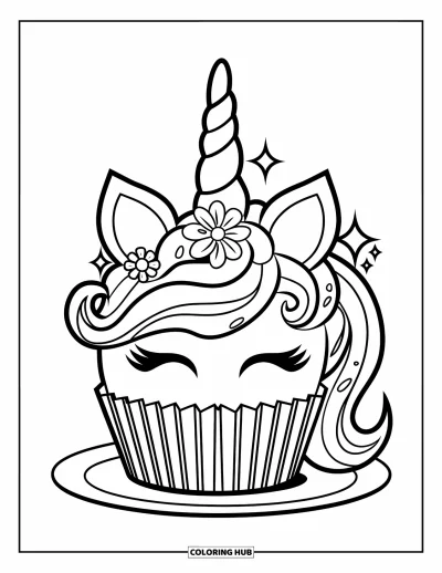 Coloriage de gâteau licorne pour enfants : Un cupcake licorne avec un glaçage fleuri, de grandes oreilles et des décorations scintillantes sur une assiette