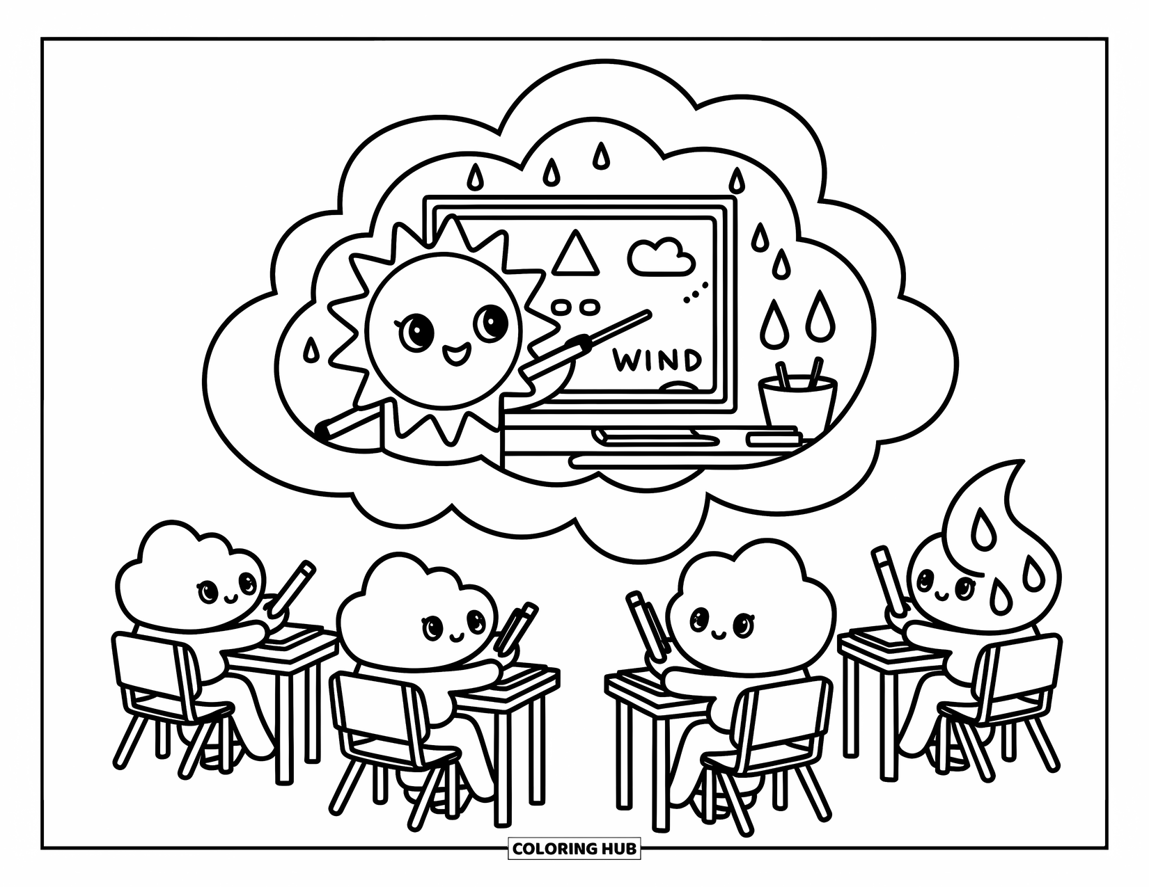 Weather Coloring Page for Adults: A cheerful sun teaches clouds and raindrops about weather inside a cozy cloud classroom