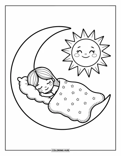 Säävärityskuva aikuisille: Chibi-tyttö lepää pilvihuovan alla, auringon ja kuun hymyillessä nurkista
