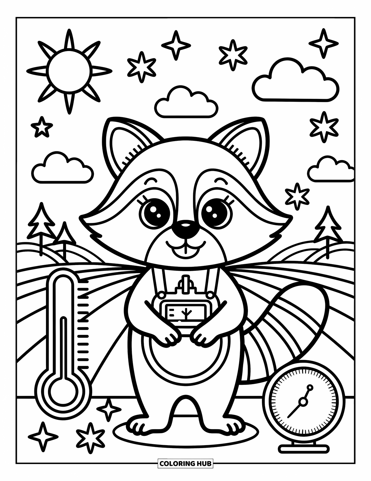 Weather Coloring Page for Adults: A curious raccoon with a weather gadget stands among cute tools and floating weather icons