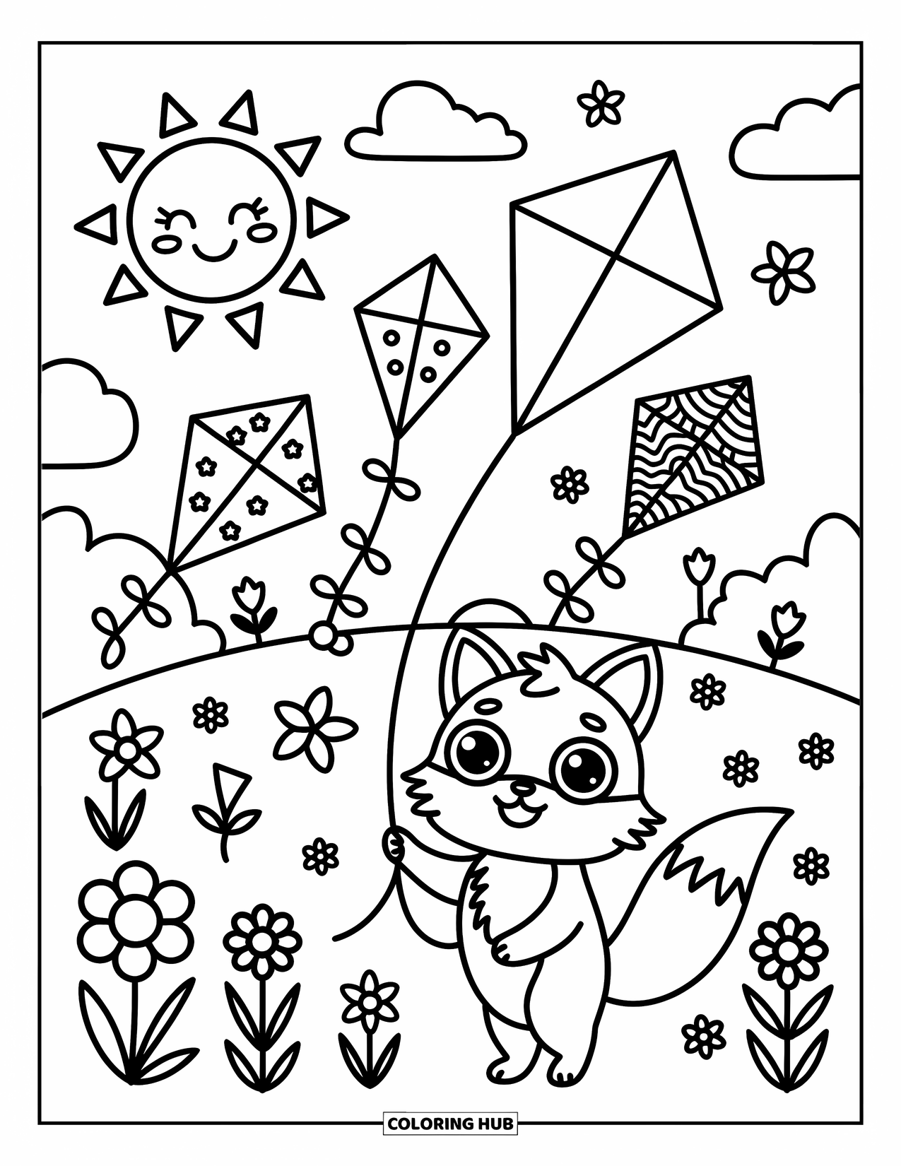 Weather Coloring Page for Adults: A fox holds a kite string as patterned kites fly high under a smiling sun
