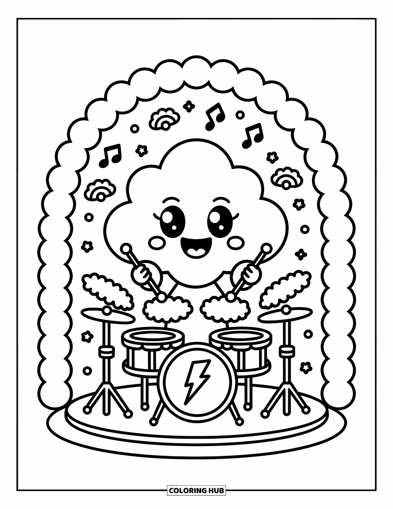 Weather Coloring Page for Adults: A smiling thundercloud plays drums on stage as clouds cheer and stars twinkle