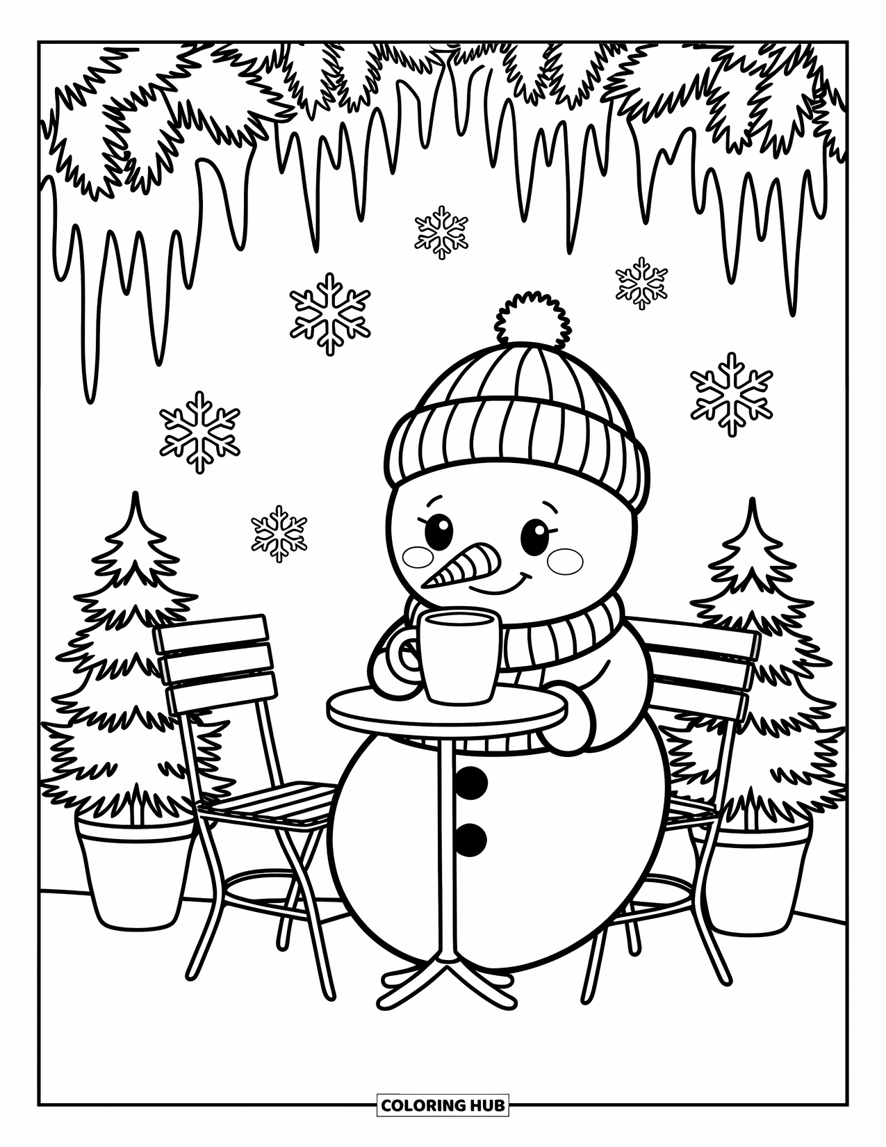 Weather Coloring Page for Adults: A snowman sips from a mug at an outdoor cafÈ as snowflakes gently fall